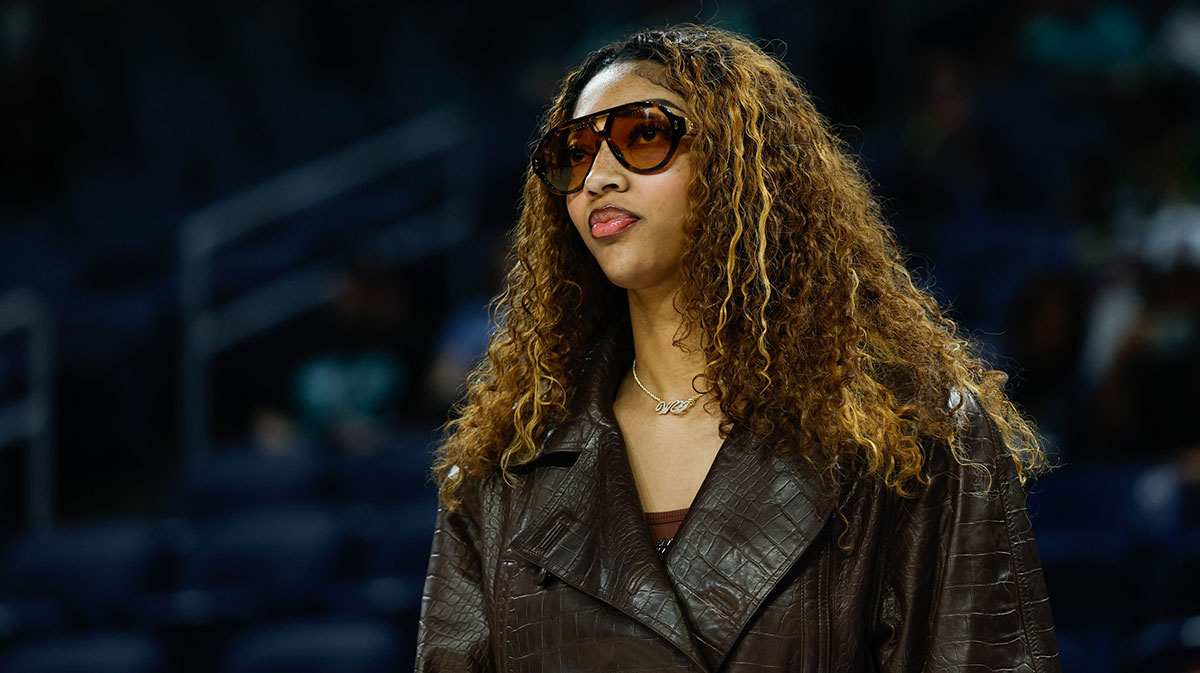 Injured Chicago Sky forward Angel Reese (5) stands on the sidelines before a WNBA game against the New York Liberty at Wintrust Arena.