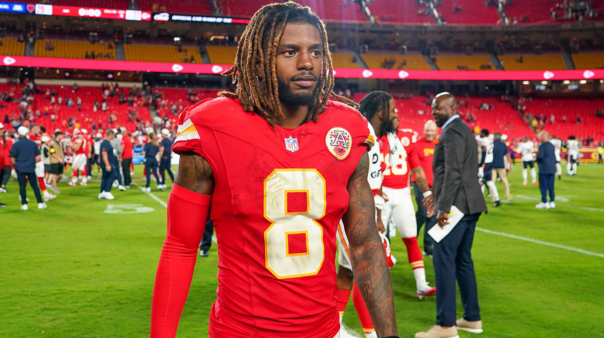 Kansas City Chiefs cornerback Kristian Fulton (8) leaves the field after the game against the Chicago Bears at GEHA Field at Arrowhead Stadium.