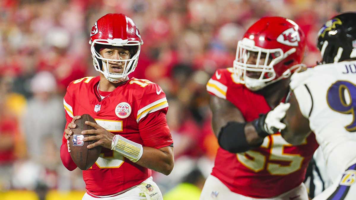 Kansas City Chiefs starting quarterback Patrick Mahomes (15) drops back to pass during the second half against the Baltimore Ravens at GEHA Field at Arrowhead Stadium