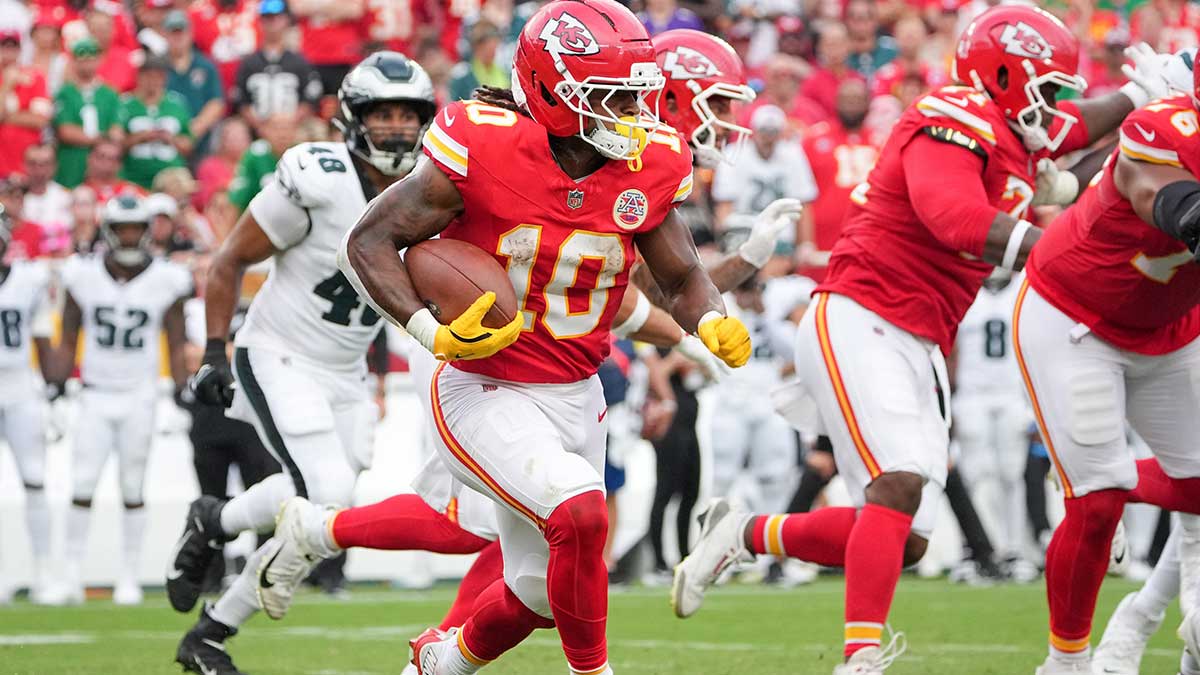 Kansas City Chiefs running back Isiah Pacheco (10) carries the ball against the Philadelphia Eagles during the third quarter of the game at GEHA Field at Arrowhead Stadium