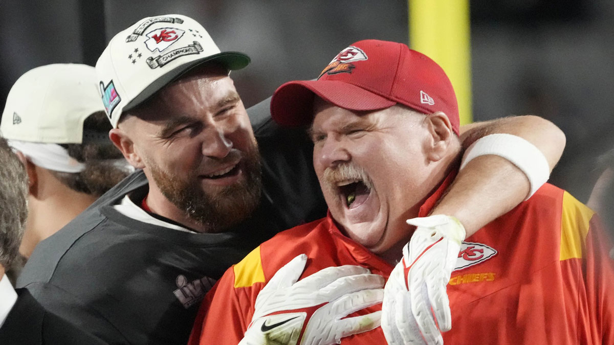 Andy Reid and Travis Kelce celebrate the Kansas City Chiefs' win over the Philadelphia Eagles in Super Bowl LVII at State Farm Stadium in Glendale, Arizona.