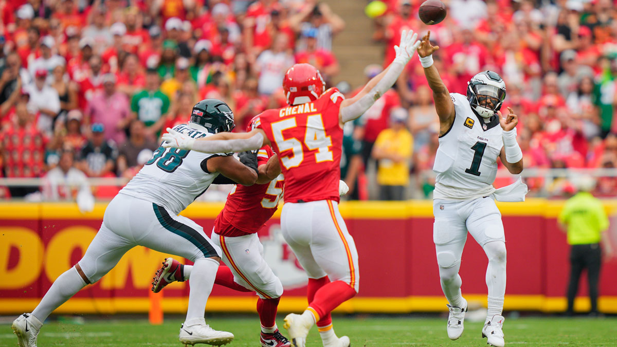 Philadelphia Eagles quarterback Jalen Hurts (1) passes the ball against the Kansas City Chiefs during the second quarter of the game at GEHA Field at Arrowhead Stadium.