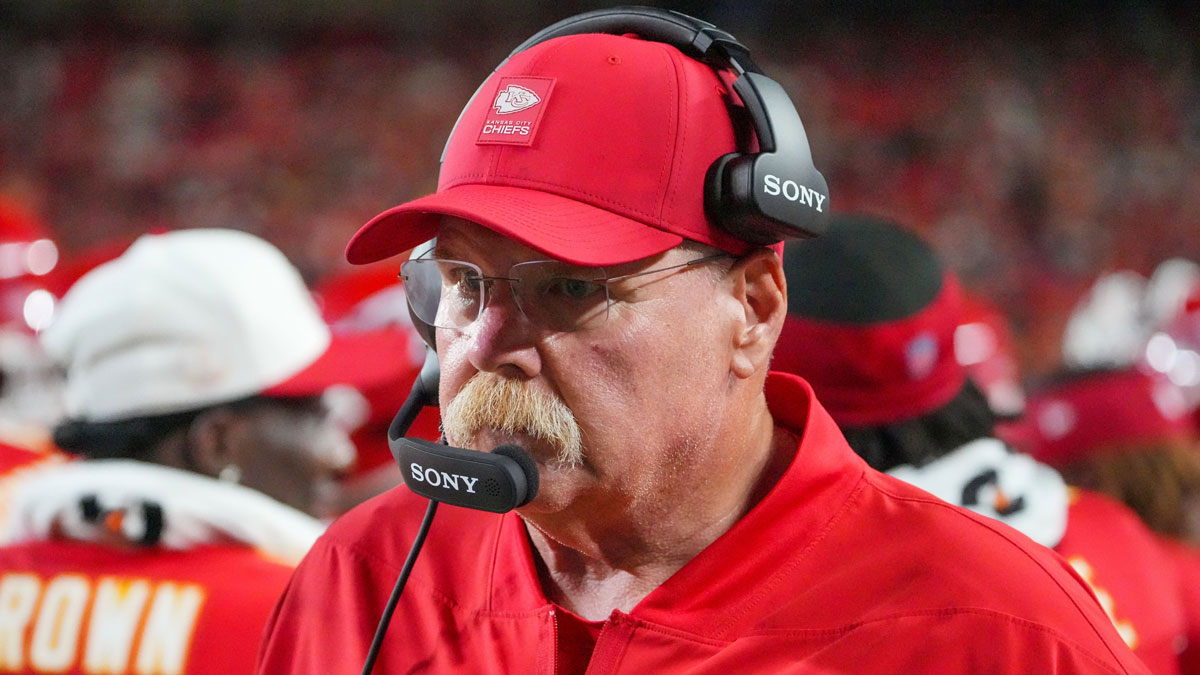 Chiefs head coach Andy Reid on the sidelines against the Chicago Bears during the first half of the game at GEHA Field at Arrowhead Stadium