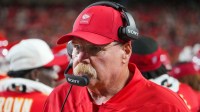 Chiefs head coach Andy Reid on the sidelines against the Chicago Bears during the first half of the game at GEHA Field at Arrowhead Stadium