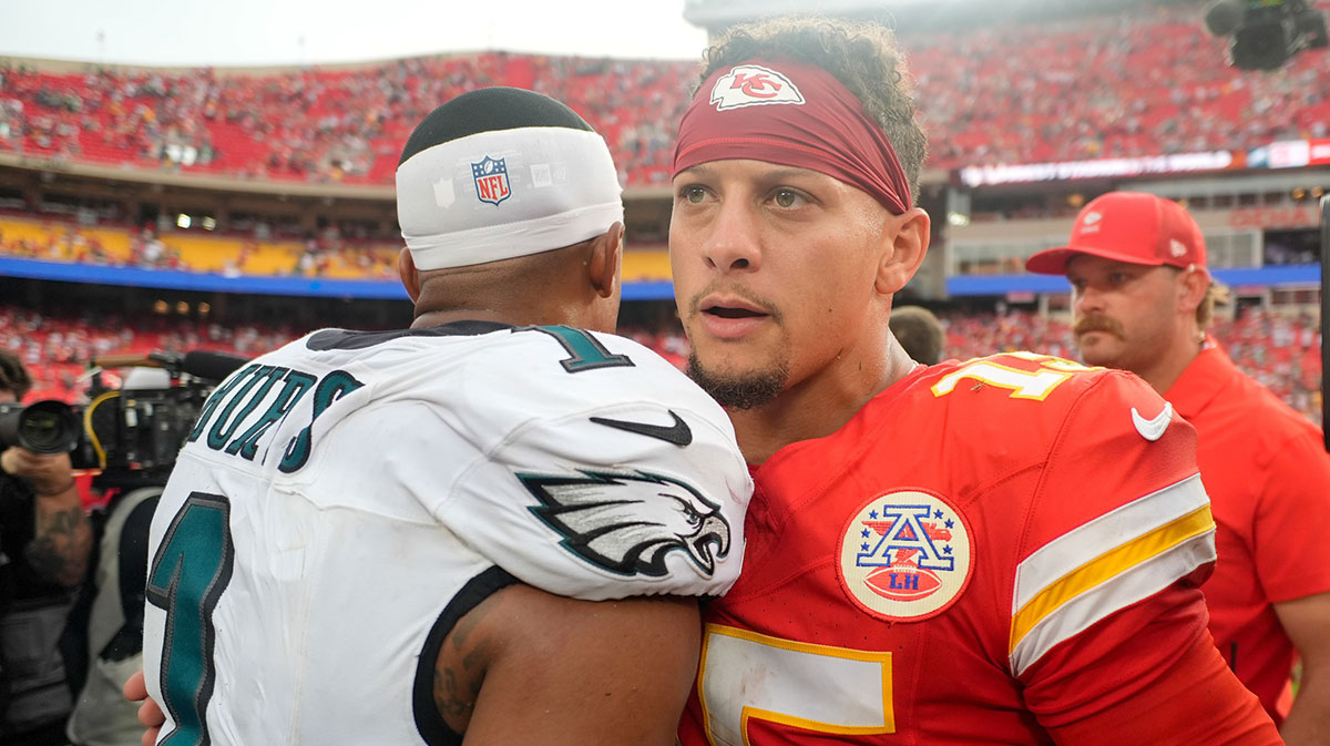 Chiefs quarterback Patrick Mahomes (15) greet eachother after the game at GEHA Field at Arrowhead Stadium amid Chiefs 0-2 start