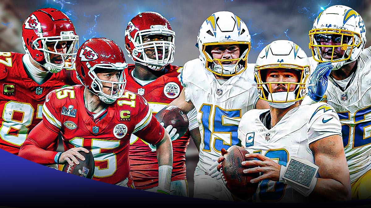 Patrick Mahomes, Travis Kelce, Chris Jones on one side - Justin Herbert, Ladd McConkey, Khalil Mack on the other side - Lightning in the background