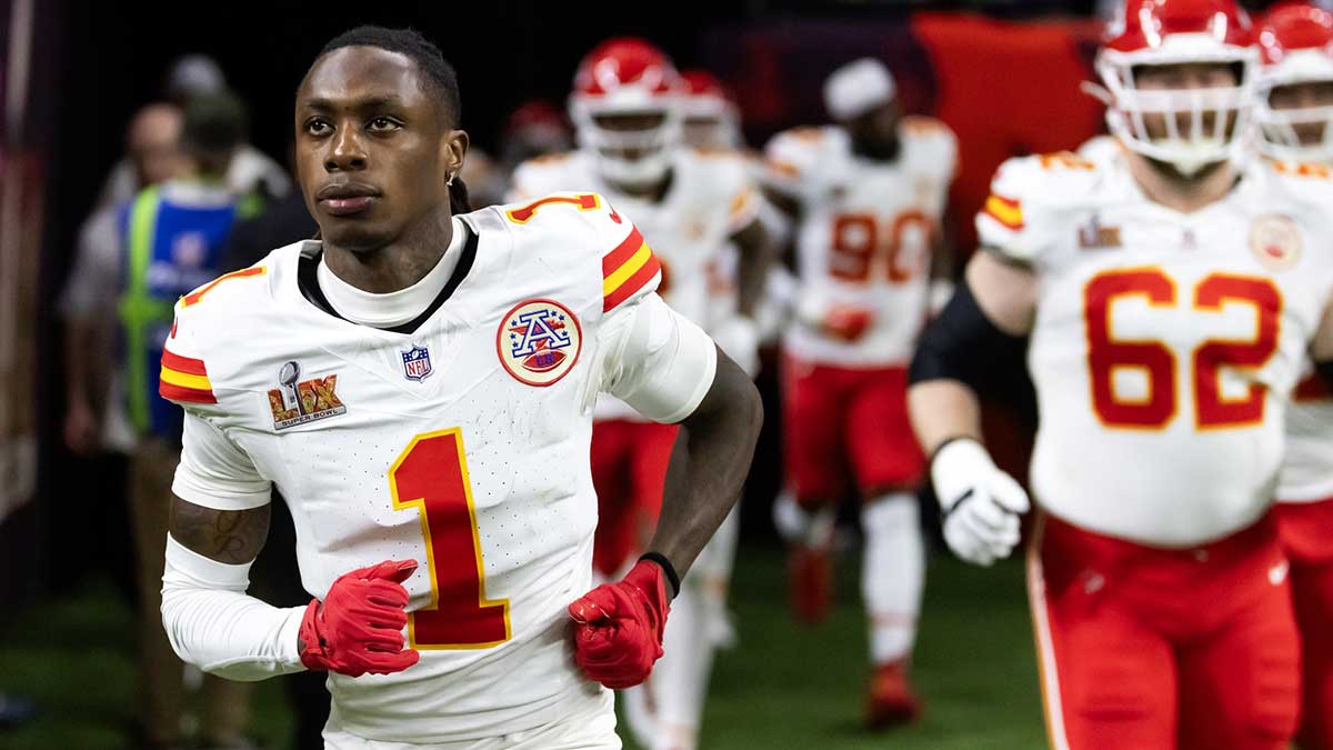 Chiefs wide receiver Xavier Worthy (1) against the Philadelphia Eagles in Super Bowl LIX at Ceasars Superdome