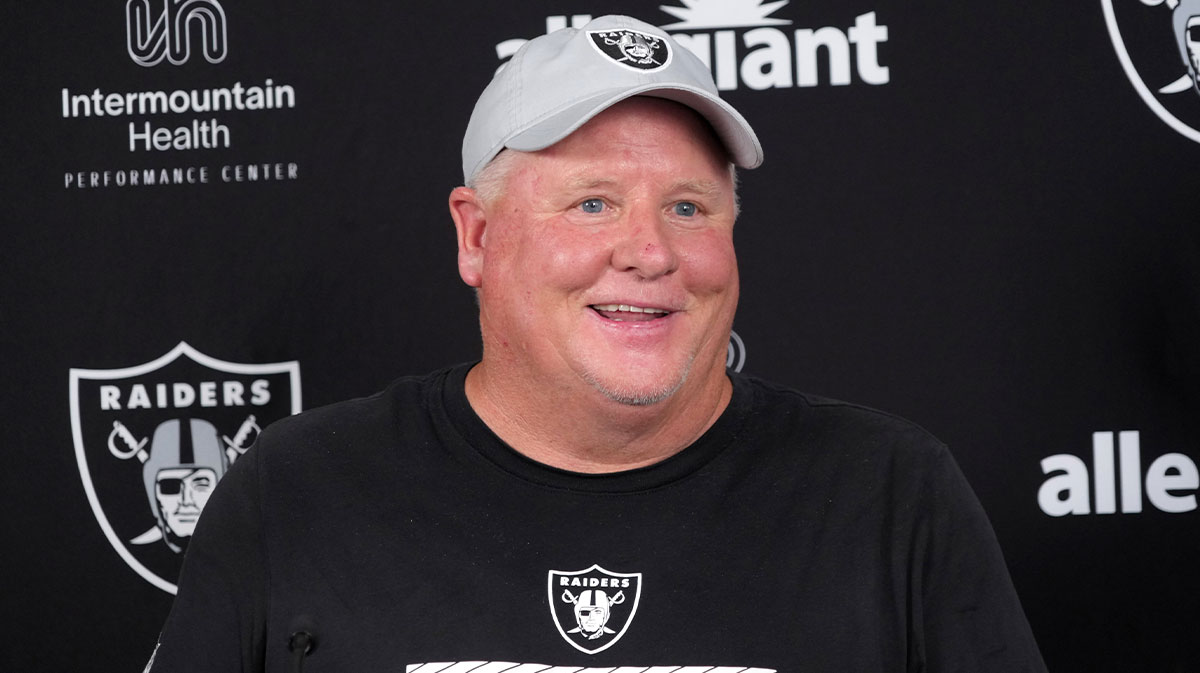 Las Vegas Raiders offensive coordinator Chip Kelly during training camp press conference at the Intermountain Healthcare Performance Center.