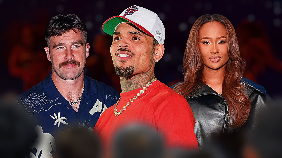 Chris Brown in between Travis Kelce and his ex-girlfriend Kayla Nicole, who was grinded on by the rapper.