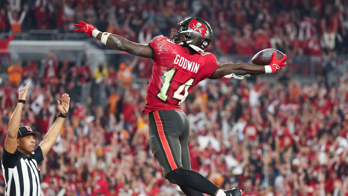 Tampa Bay Buccaneers wide receiver Chris Godwin (14) celebrates his touchdown against the Philadelphia Eagles during the second half of a 2024 NFC wild card game at Raymond James Stadium.