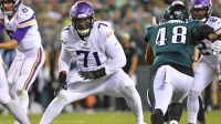 Minnesota Vikings offensive tackle Christian Darrisaw (71) prepares to block against the Philadelphia Eagles at Lincoln Financial Field.