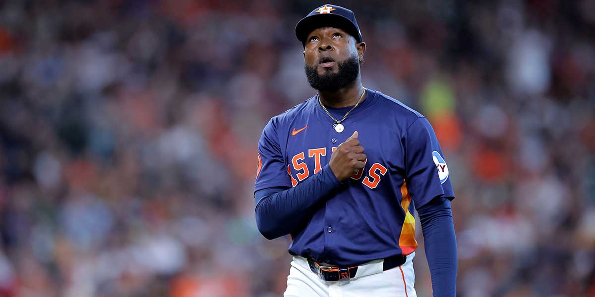 Houston Astros starting pitcher Christian Javier (53) reacts after retiring the side against the Baltimore Orioles during the first inning at Daikin Park.
