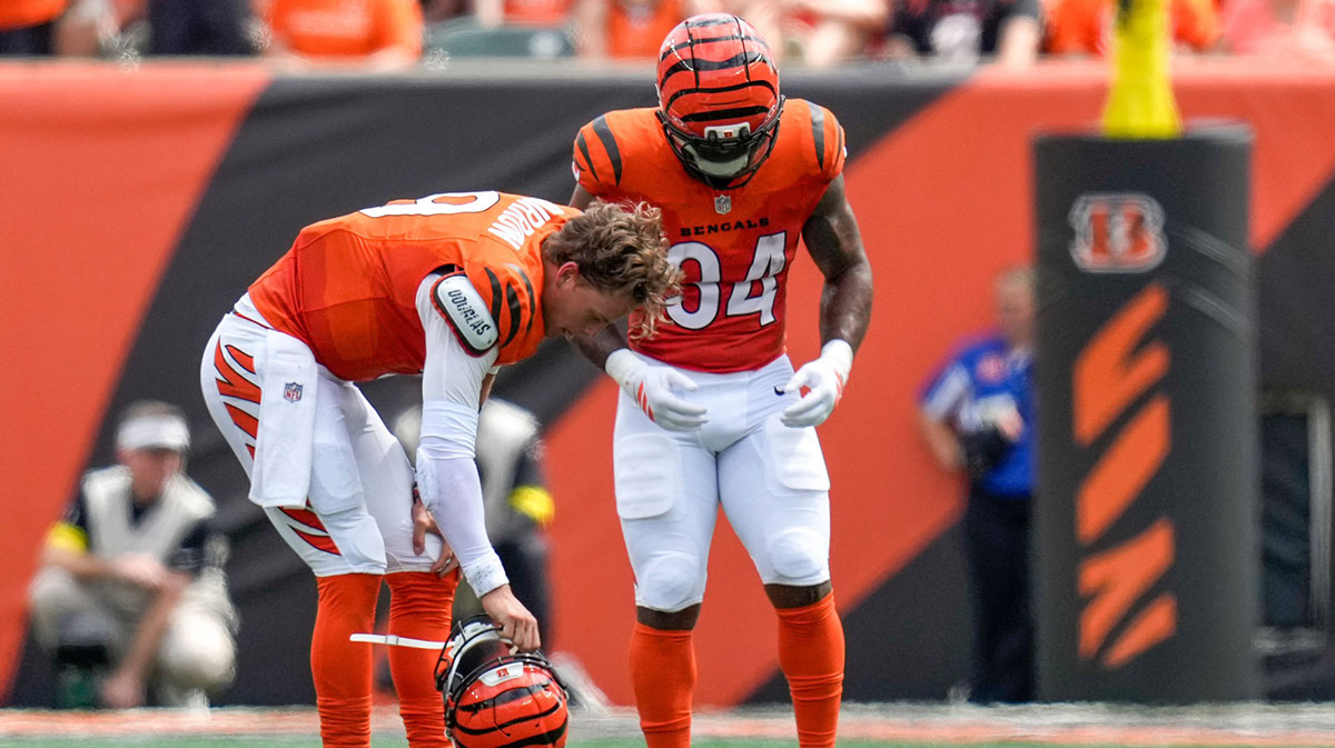 Cincinnati Bengals quarterback Joe Burrow (9) is injured on a play in the second quarter of the NFL Week 2