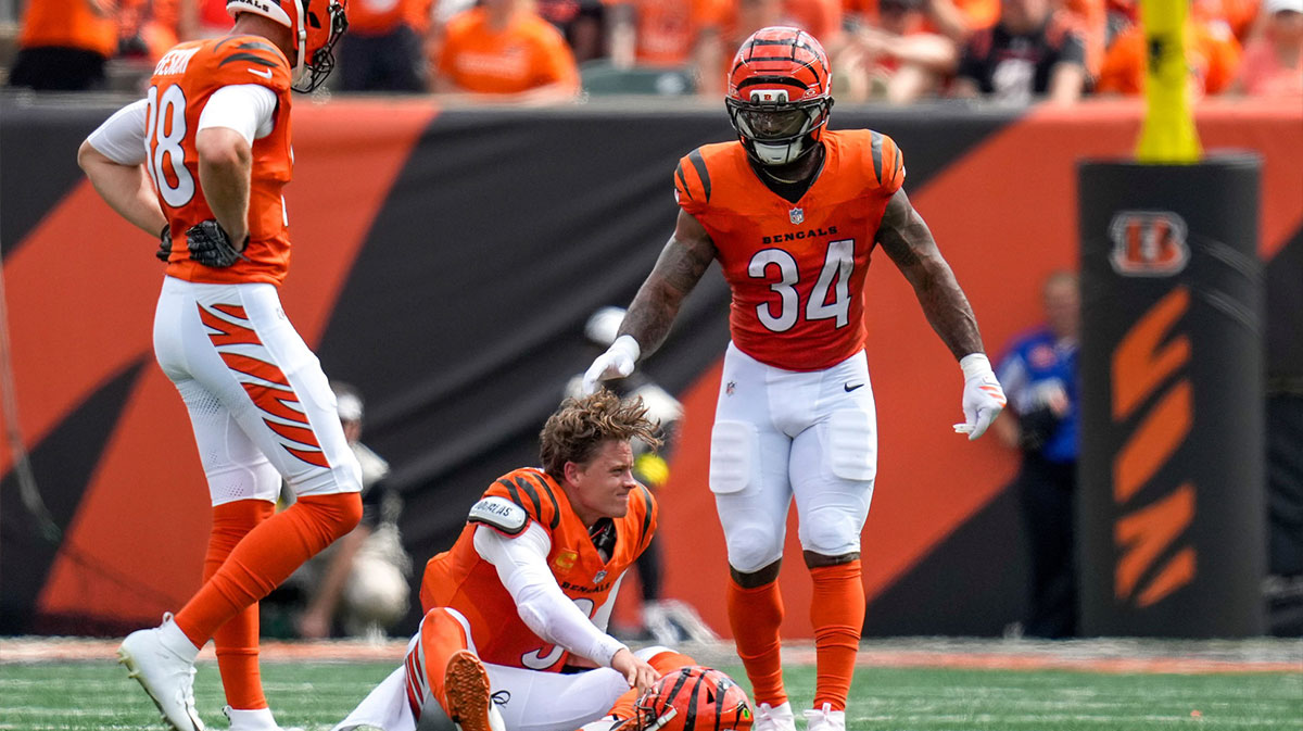 Cincinnati Bengals quarterback Joe Burrow (9) is injured on a play in the second quarter of the NFL Week 2 game between the Cincinnati Bengals and the Jacksonville Jaguars at Paycor Stadium in downtown Cincinnati on Sunday, Sept. 14, 2025. The Jaguars led 17-10 at halftime.