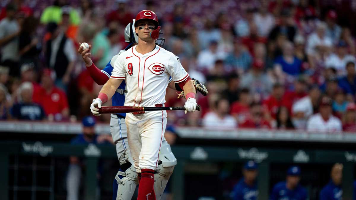 Cincinnati Reds second baseman Matt McLain (9) reacts to striking out in the fourth inning between the Cincinnati Reds and Toronto Blue Jays at Great American Ball Park in Cincinnati on Sept. 3, 2025.