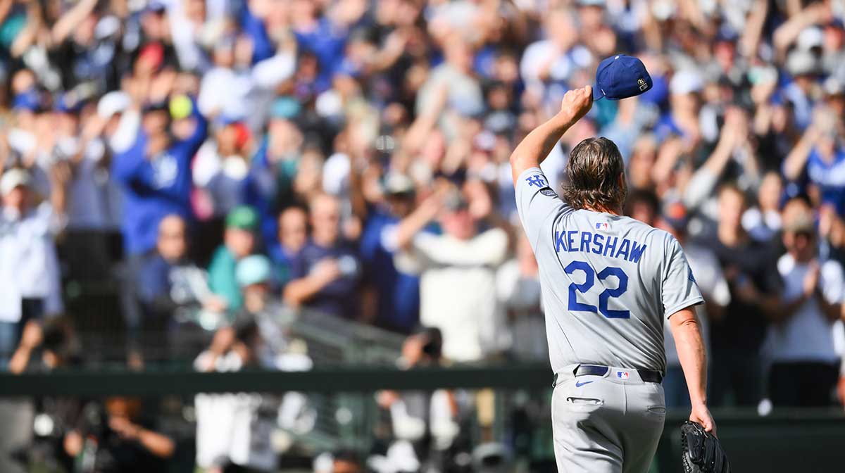 Los Angeles Dodgers starting pitcher Clayton Kershaw (22) waves to the crowd after being pulled from the game during the sixth inning against the Seattle Mariners at T-Mobile Park. Mandatory Credit: Steven Bisig-Imagn Images
