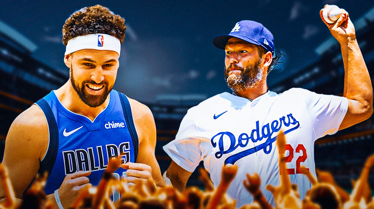 Mavericks Klay Thompson smiling on right. Dodgers Clayton Kershaw pitching a baseball on left. Dodger Stadium background.