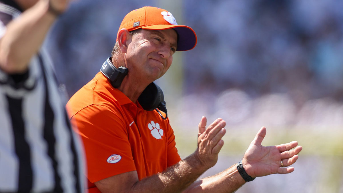 Clemson Tigers head coach Dabo Swinney on the sideline against the Georgia Tech Yellow Jackets in the first quarter at Bobby Dodd Stadium at Hyundai Field.