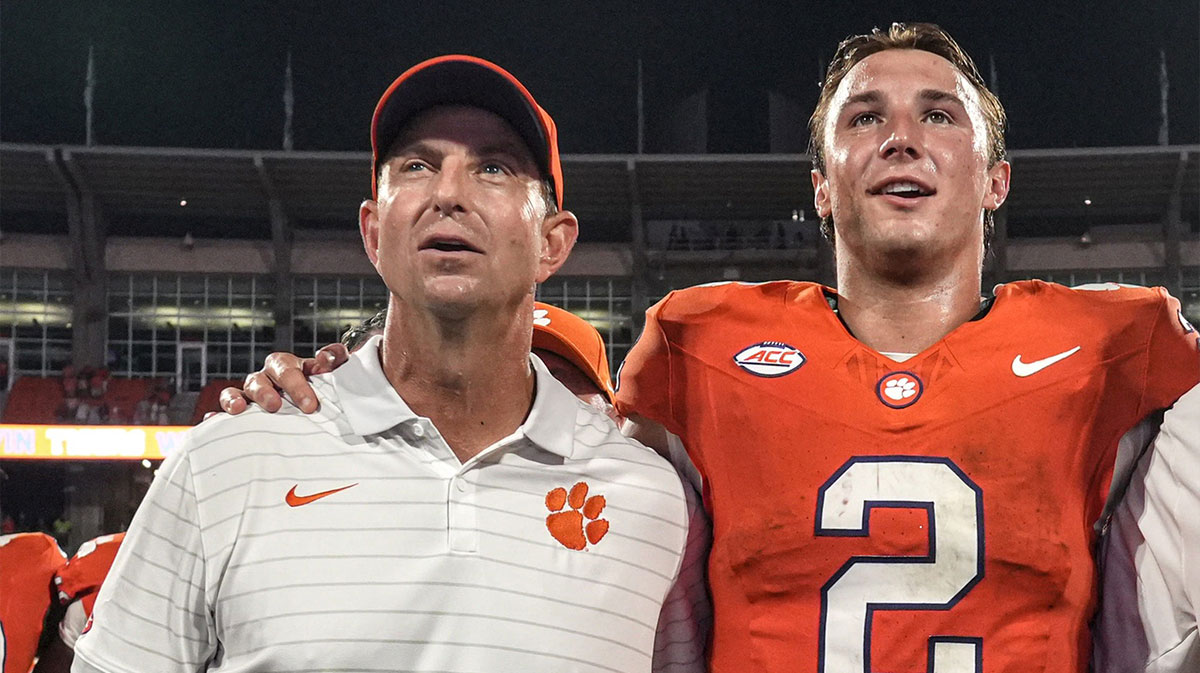 Clemson head coach Dabo Swinney, left, and quarterback Cade Klubnik (2) after the game with Troy at Memorial Stadium Saturday, September 6, 2025 in Clemson, S.C.