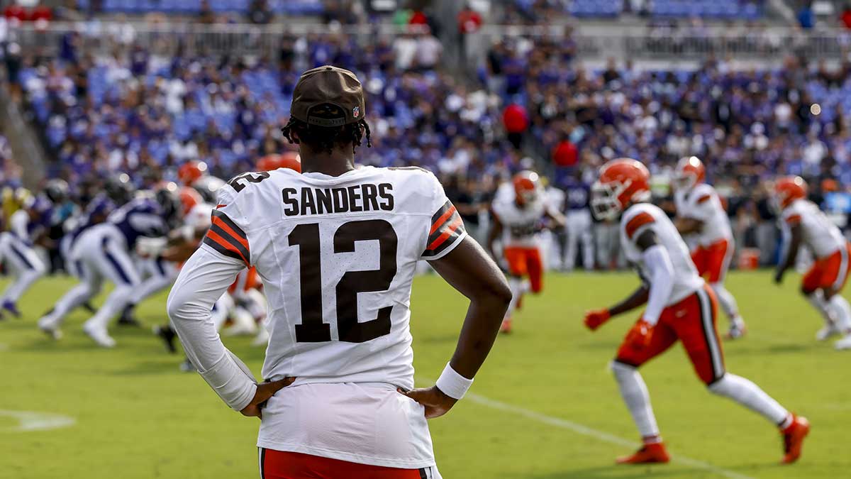 Cleveland Browns quarterback Shedeur Sanders (12) after the game against the Baltimore Ravens at M&T Bank Stadium.