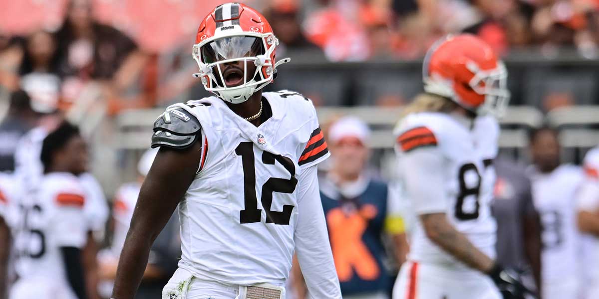 Cleveland Browns quarterback Shedeur Sanders (12) reacts during the second half against the Los Angeles Rams at Huntington Bank Field.
