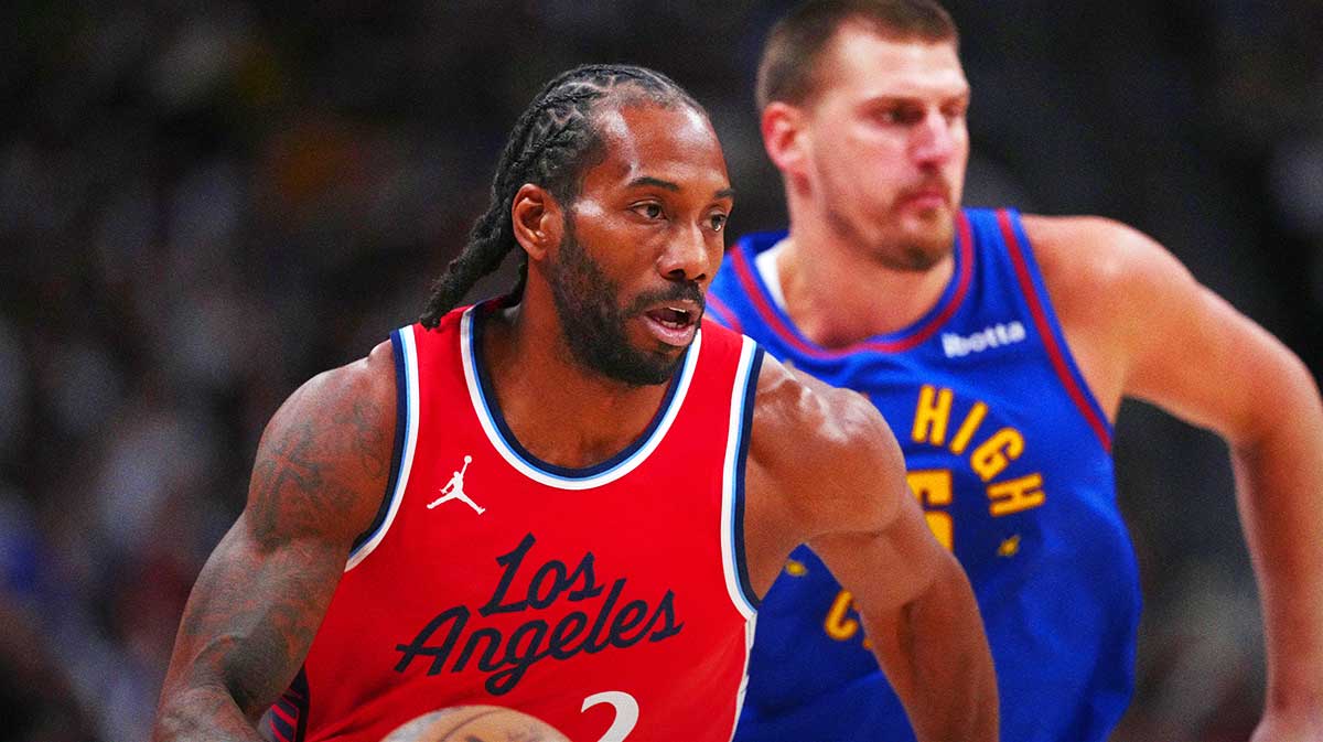Clippers forward Kawhi Leonard (2) controls the ball in the first quarter against the Denver Nuggets during game seven of first round for the 2025 NBA Playoffs at Ball Arena