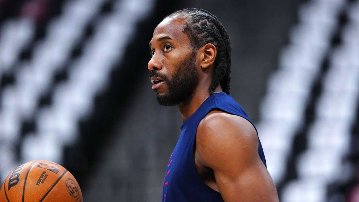 LA Clippers forward Kawhi Leonard (2) warms up before the game against the Denver Nuggets during game seven of first round for the 2025 NBA Playoffs at Ball Arena.