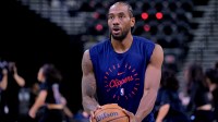 Los Angeles Clippers forward Kawhi Leonard (2) warms up prior to game four of round one of the 2024 NBA Playoffs at Intuit Dome.