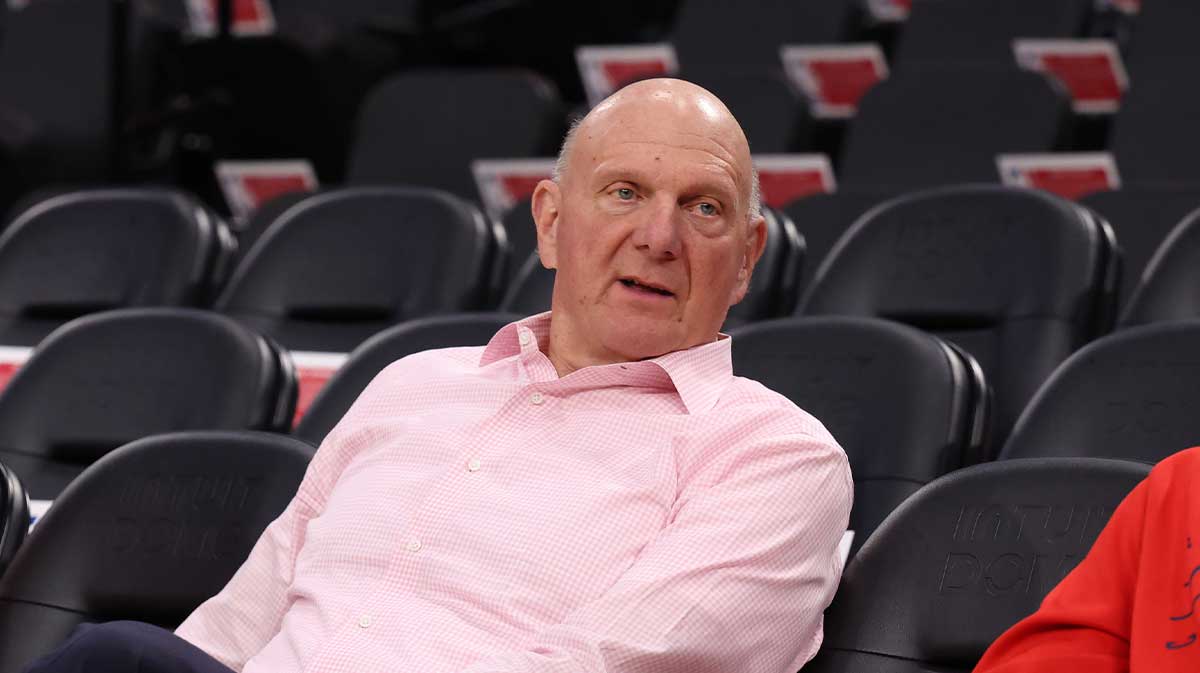Clippers owner Steve Ballmer sits courtside before the game against the Dallas Mavericks at Intuit Dome