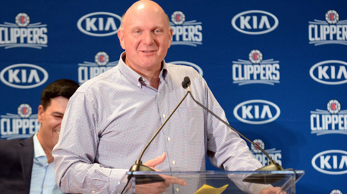 Clippers owner Steve Ballmer speaks before introducing newly signed players Paul George and Kawhi Leonard at Green Meadows Recreation Center