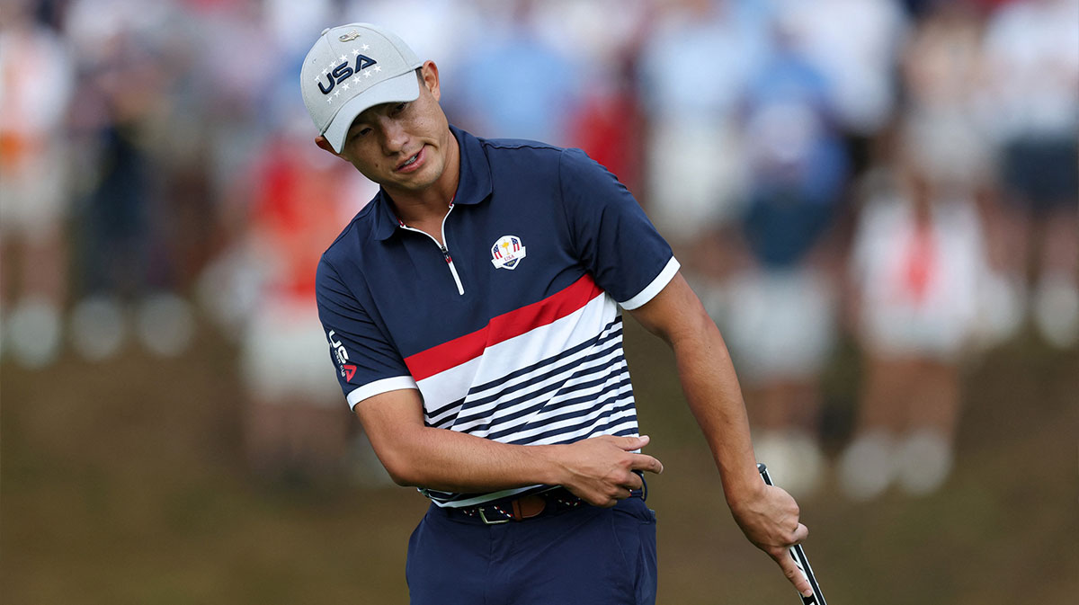 Team USA golfer Collin Morikawa reacts after a missed putt on the second hole on the first day of competition for the Ryder Cup at Bethpage Black.