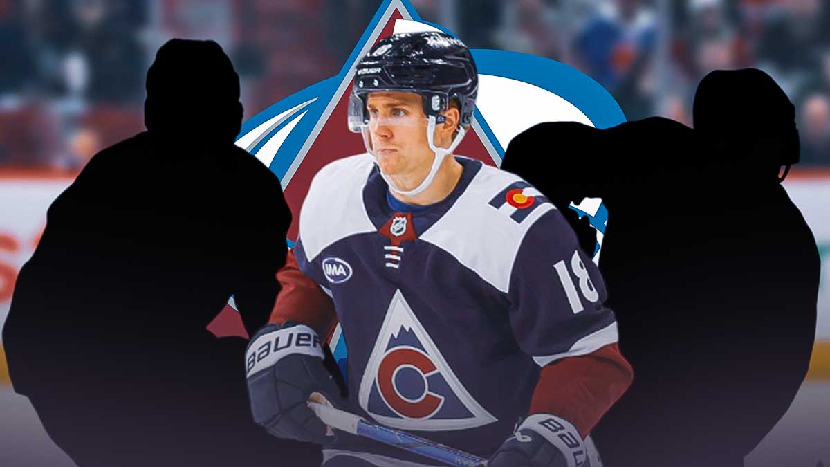 Jack Drury in the center with two mystery players. Avalanche logo in the background. Avalanche breakout candidates