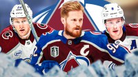 Nathan MacKinnon, Gabriel Landeskog, and Cale Makar in front of an Avalanche logo and an ice rink.