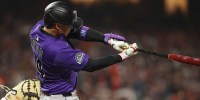 Colorado Rockies shortstop Ezequiel Tovar (14) hits a three-run home run against the San Francisco Giants during the fifth inning at Oracle Park.