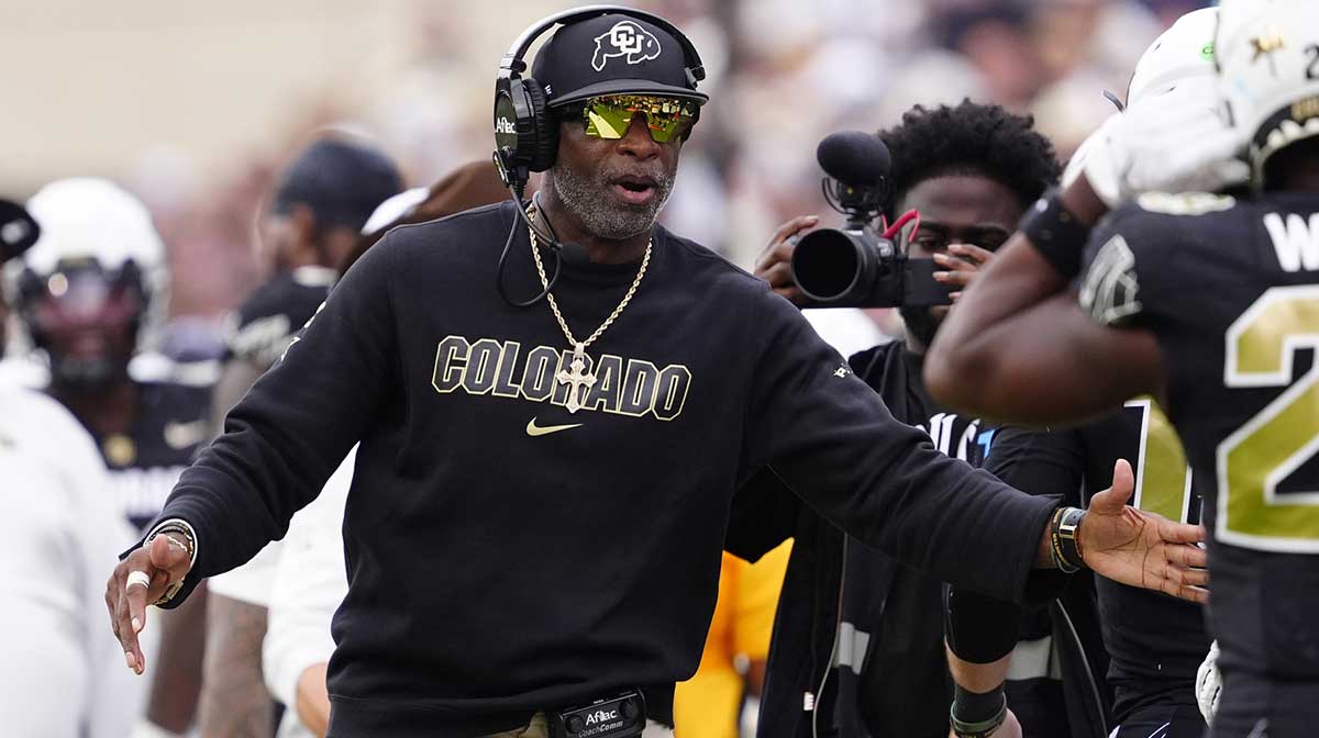 Colorado Buffaloes head coach Deion Sanders during the second half against the Delaware Fightin Blue Hens at Folsom Field.