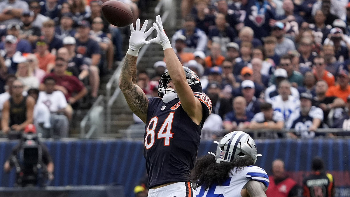 Chicago Bears tight end Colston Loveland (84) makes a catch against Dallas Cowboys linebacker Marist Liufau (35) during the first half at Soldier Field. Mandatory Credit: David Banks-Imagn Images