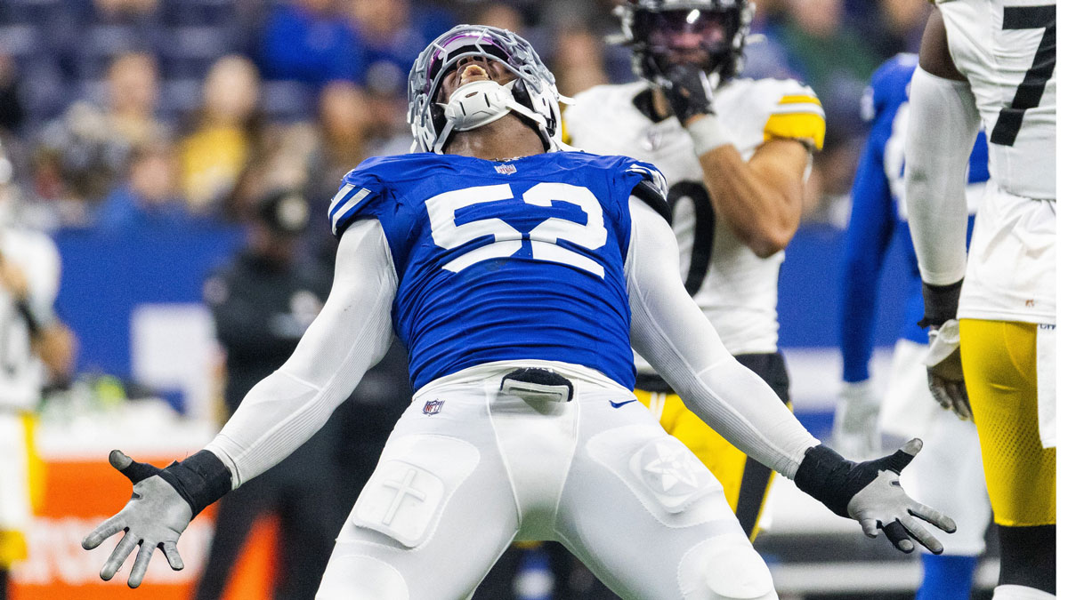 Indianapolis Colts defensive end Samson Ebukam (52) celebrates a sack in the second half against the Pittsburgh Steelers at Lucas Oil Stadium.