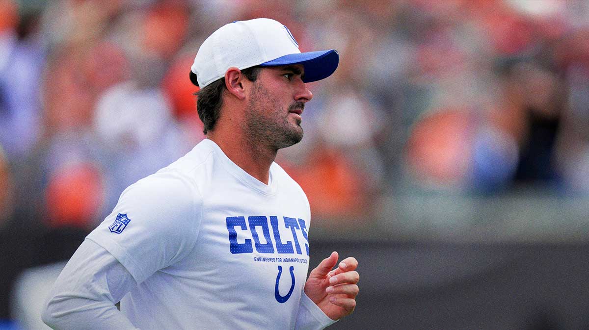 Indianapolis Colts quarterback Daniel Jones (17) leaves the field at the half Saturday, Aug. 23, 2025, during a game against the Cincinnati Bengals at Paycor Stadium in Cincinnati.