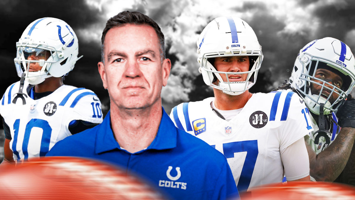 Daniel Jones, Adonai Mitchell, Lou Anarumo, Xavien Howard, Dark clouds in the background