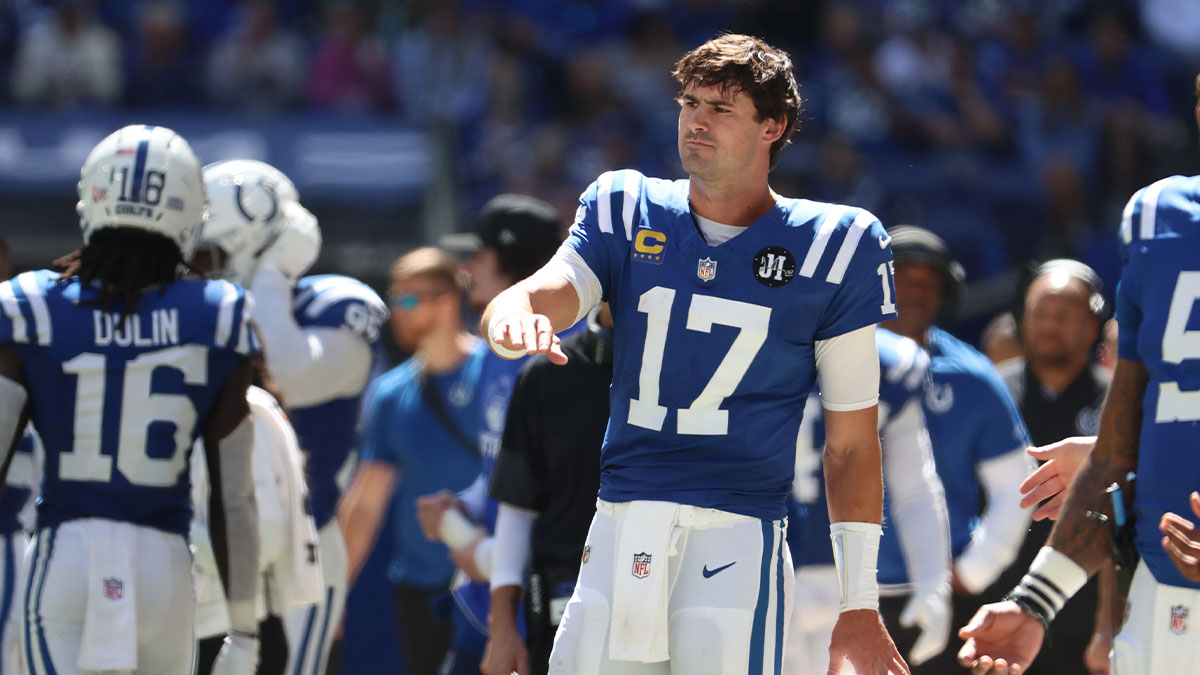 Indianapolis Colts quarterback Daniel Jones (17) during the second half against the Miami Dolphins at Lucas Oil Stadium.