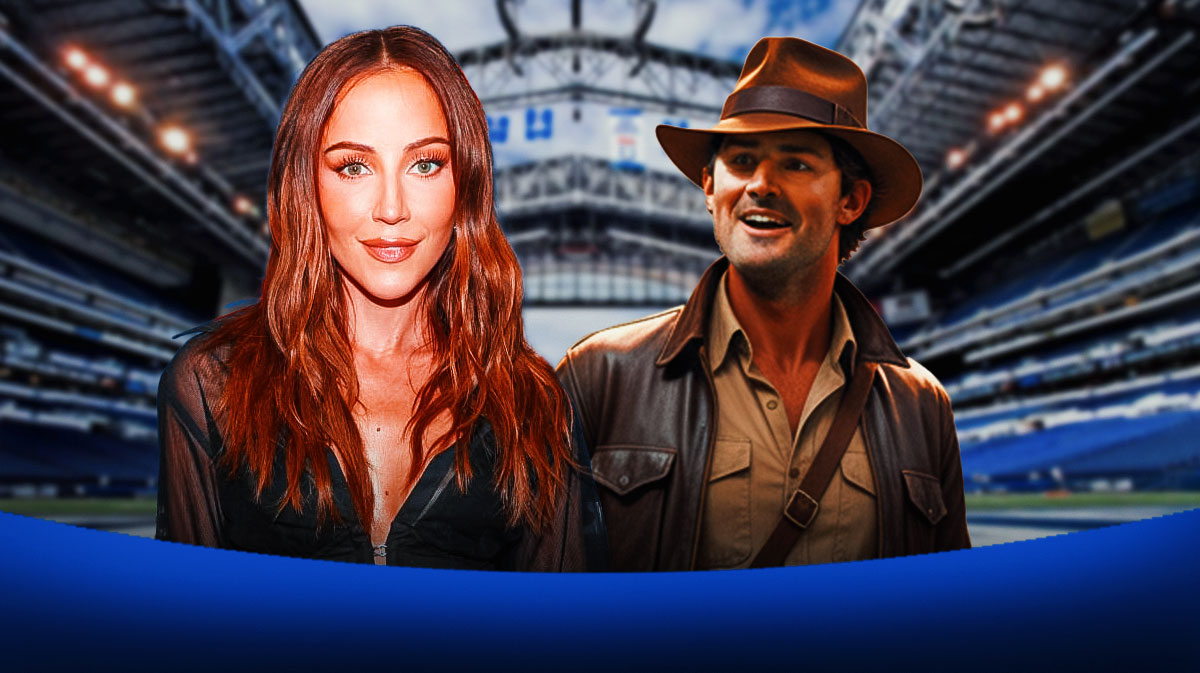 Kay Adams and Indianapolis Colts quarterback Daniel Jones on the body of Indiana Jones with Lucas Oil Stadium background.