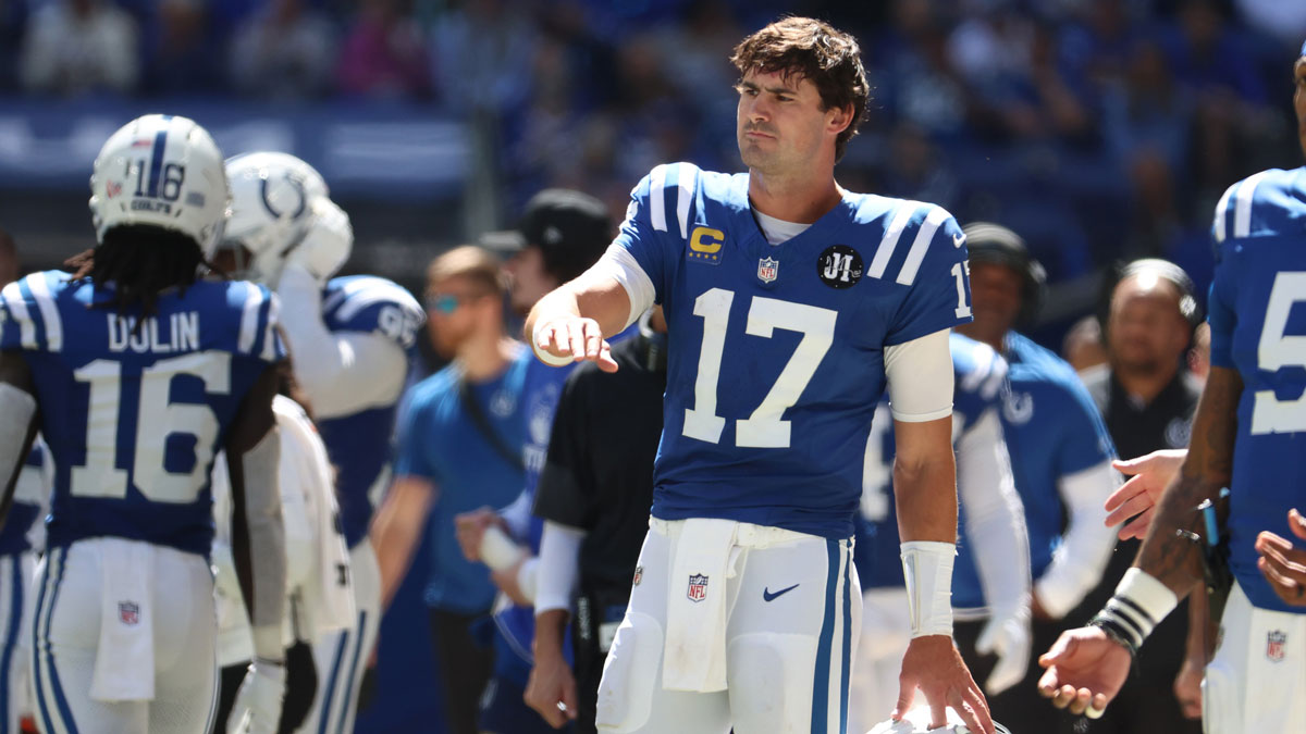 Indianapolis Colts quarterback Daniel Jones (17) during the second half against the Miami Dolphins at Lucas Oil Stadium.