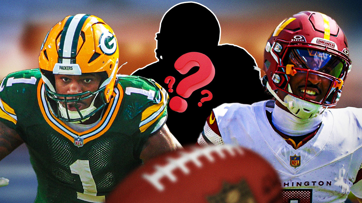 Packers edge rusher Micah Parsons next to Commanders QB Jayden Daniels and a silhouette of an American football player with a big question mark emoji inside.