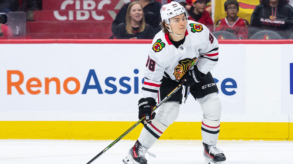 Chicago Blackhawks center Connor Bedard (98) controls the puck in the second period against the Ottawa Senators at the Canadian Tire Centre.