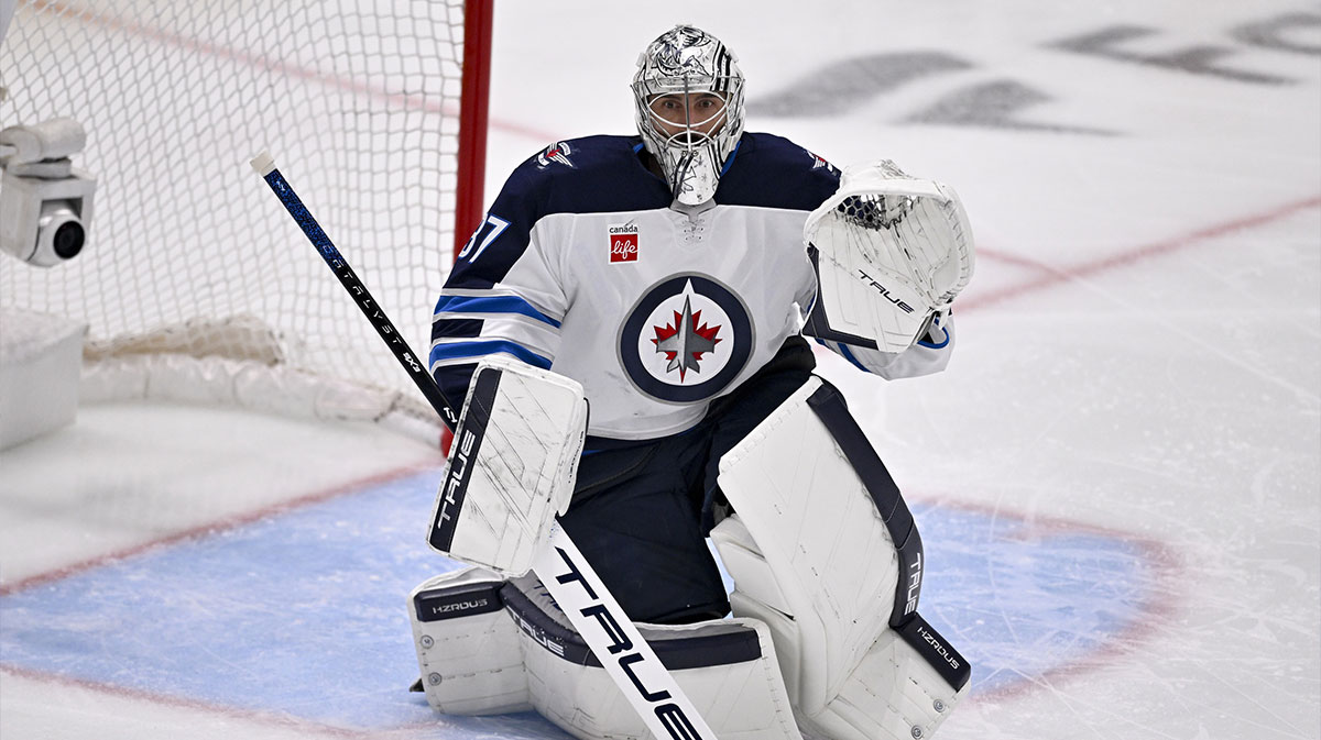 Winnipeg Jets goaltender Connor Hellebuyck (37) faces the Dallas Stars attack during the first period in game six of the second round of the 2025 Stanley Cup Playoffs at American Airlines Center. 