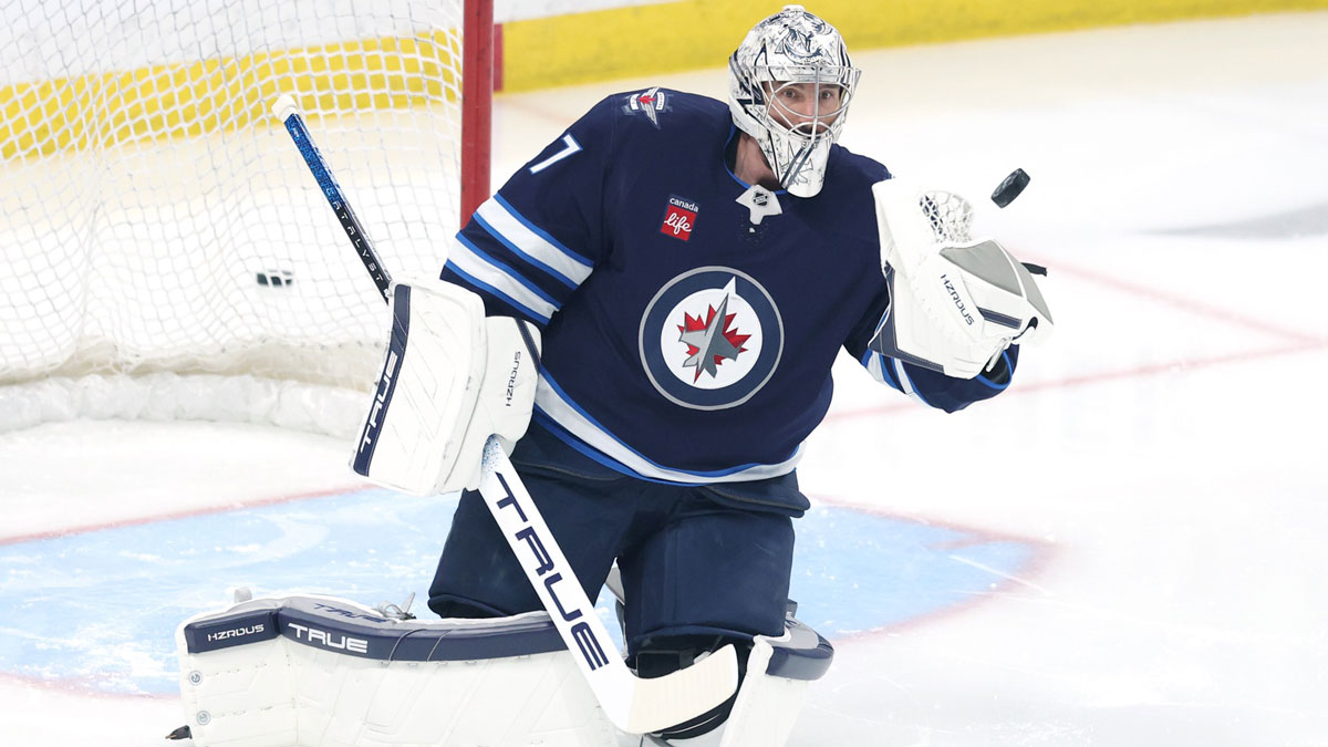Winnipeg Jets goaltender Connor Hellebuyck (37) warms up before a game against the Dallas Stars in game two of the second round of the 2025 Stanley Cup Playoffs at Canada Life Centre.