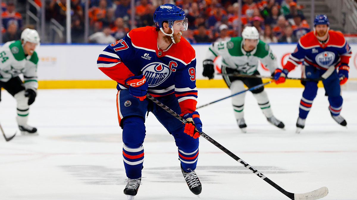 Edmonton Oilers center Connor McDavid (97) skates against the Dallas Stars during the first period in game three of the Western Conference Final of the 2025 Stanley Cup Playoffs at Rogers Place.