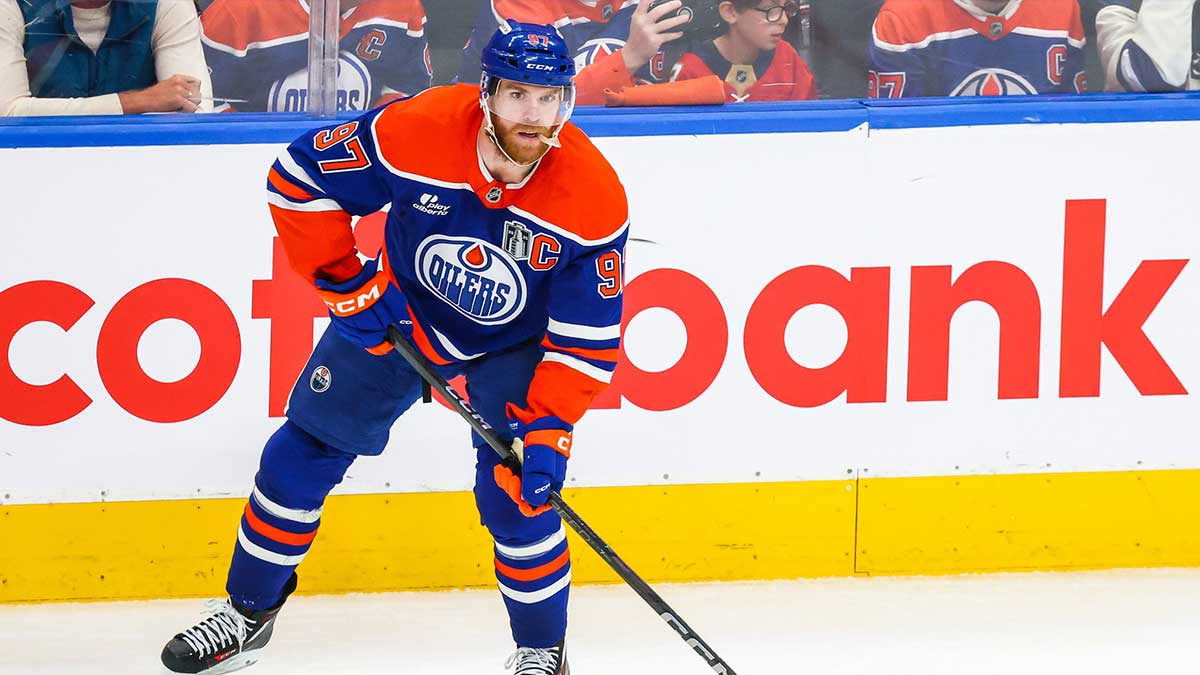 Edmonton Oilers center Connor McDavid (97) controls the puck against the Florida Panthers during the second period in game five of the 2025 Stanley Cup Final at Rogers Place.