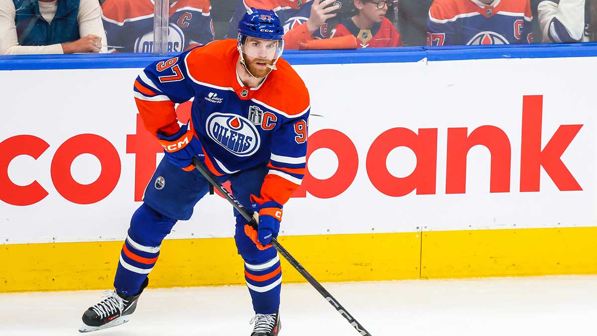 Edmonton Oilers center Connor McDavid (97) controls the puck against the Florida Panthers during the second period in game five of the 2025 Stanley Cup Final at Rogers Place.