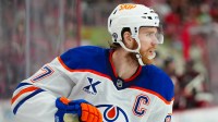 Edmonton Oilers center Connor McDavid (97) skates against the Carolina Hurricanes during the first period at Lenovo Center.